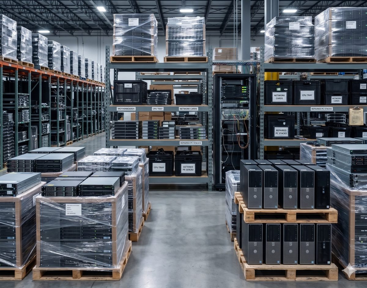 Refurbion warehouse — enterprise IT hardware sorted and palletised for resale