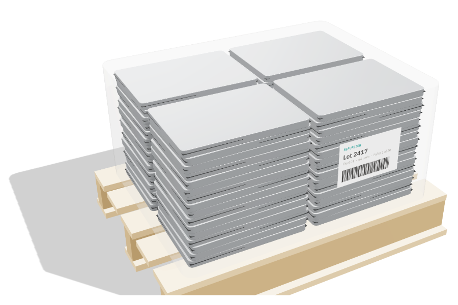 Palletized, wrapped lot of laptops with a lot label